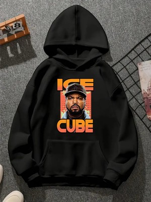 Comvicho Ice Cube V6 Baskılı Kapşonlu Siyah Sweatshirt