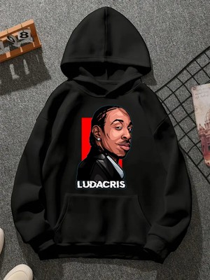 Comvicho Ludacrıs V1 Baskılı Kapşonlu Siyah Sweatshirt