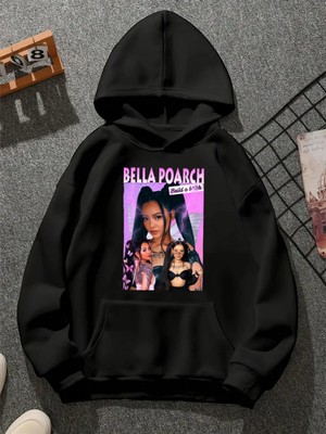 Comvicho Bella Poarch V3 Baskılı Kapşonlu Siyah Sweatshirt