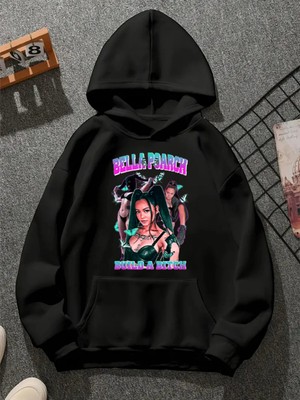 Comvicho Bella Poarch V4 Baskılı Kapşonlu Siyah Sweatshirt