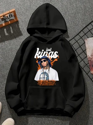 Comvicho Last Kıngs V1 Baskılı Kapşonlu Siyah Sweatshirt