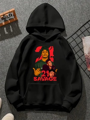 Comvicho 21 Savage V1 Baskılı Kapşonlu Siyah Sweatshirt