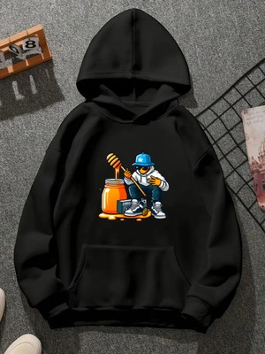 Comvicho Horney Baskılı Kapşonlu Siyah Sweatshirt