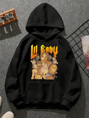 Comvicho Lıl Baby V2 Baskılı Kapşonlu Siyah Sweatshirt