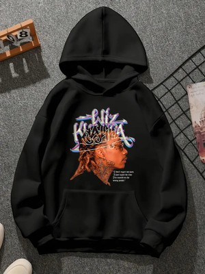 Comvicho Wiz Khalifa V4 Baskılı Kapşonlu Siyah Sweatshirt