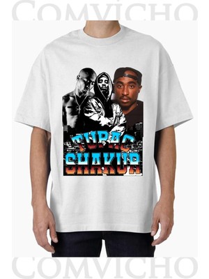 Comvicho Unisex Tupac V22 Tasarım Baskılı Oversize Tişört