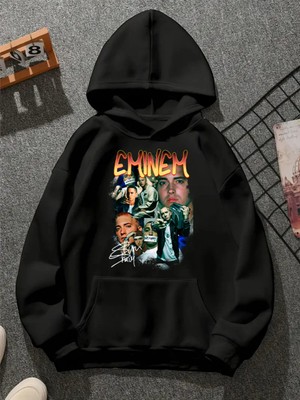 Comvicho Emınem V16 Baskılı Kapşonlu Siyah Sweatshirt