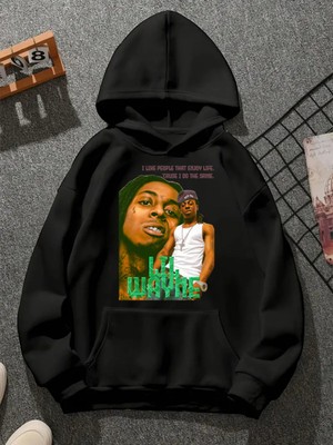 Comvicho Lıl Vayne V2 Baskılı Kapşonlu Siyah Sweatshirt