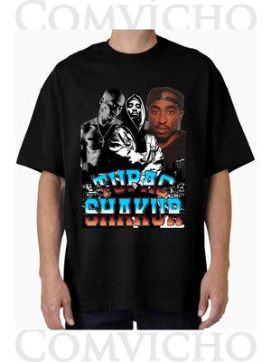 Comvicho Unisex Tupac V22 Tasarım Baskılı Oversize Tişört