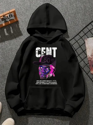 Comvicho Cent V1 Baskılı Kapşonlu Siyah Sweatshirt