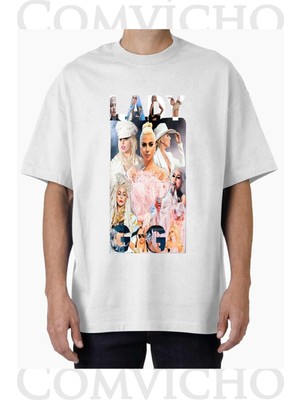 Comvicho Unisex Lady Gaga V3 Tasarım Baskılı Oversize Tişört