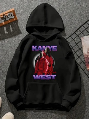 Comvicho Kanye V4 Baskılı Kapşonlu Siyah Sweatshirt
