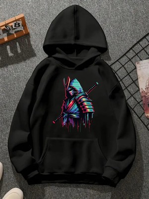 Comvicho Glıtch Baskılı Kapşonlu Siyah Sweatshirt