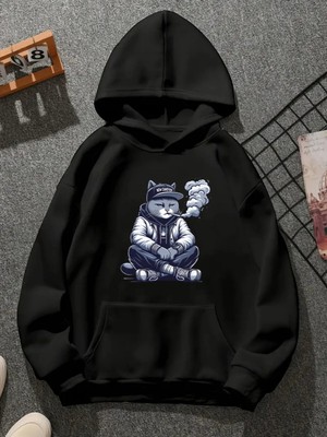 Comvicho Catfumon Baskılı Kapşonlu Siyah Sweatshirt