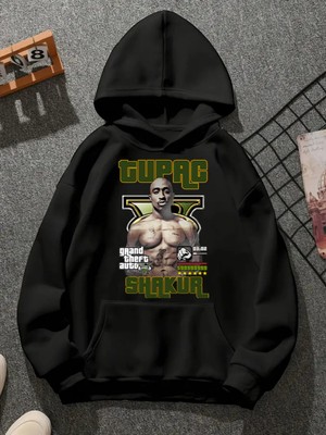 Comvicho Tupac V27 Baskılı Kapşonlu Siyah Sweatshirt