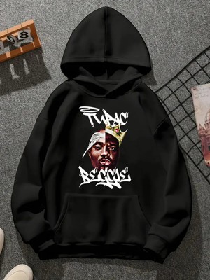 Comvicho Tupac V9 Baskılı Kapşonlu Siyah Sweatshirt