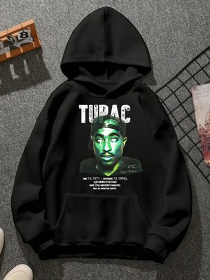 Comvicho Tupac V45 Baskılı Kapşonlu Siyah Sweatshirt