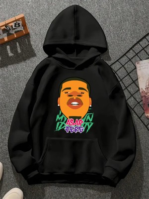 Comvicho Asap Ferg Baskılı Kapşonlu Siyah Sweatshirt