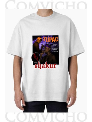 Comvicho Unisex Tupac V41 Tasarım Baskılı Oversize Tişört