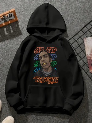 Comvicho Asap Rocky V2 Baskılı Kapşonlu Siyah Sweatshirt