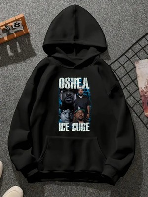 Comvicho Ice Cube V3 Baskılı Kapşonlu Siyah Sweatshirt