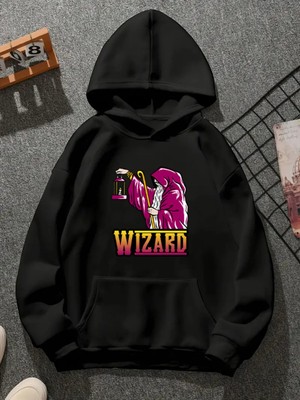 Comvicho Wızard Baskılı Kapşonlu Siyah Sweatshirt