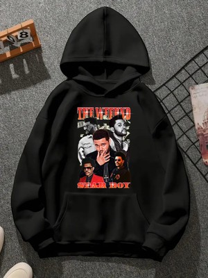 Comvicho The Veeknd V1 Baskılı Kapşonlu Siyah Sweatshirt
