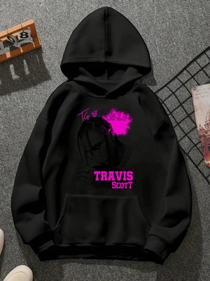 Comvicho Travıs Scott V12 Baskılı Kapşonlu Siyah Sweatshirt