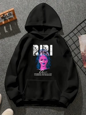 Comvicho Rıhanna V9 Baskılı Kapşonlu Siyah Sweatshirt