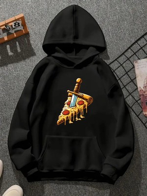 Comvicho Pızzacondaga Baskılı Kapşonlu Siyah Sweatshirt