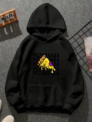 Comvicho Pizz Baskılı Kapşonlu Siyah Sweatshirt