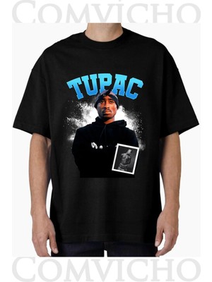 Comvicho Unisex Tupac V24 Tasarım Baskılı Oversize Tişört