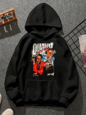 Comvicho Quavo V2 Baskılı Kapşonlu Siyah Sweatshirt