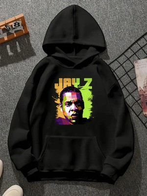 Comvicho Jay Z V4 Baskılı Kapşonlu Siyah Sweatshirt