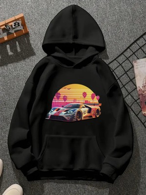 Comvicho Racebeatch Baskılı Kapşonlu Siyah Sweatshirt