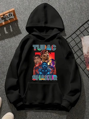 Comvicho Tupac V3 Baskılı Kapşonlu Siyah Sweatshirt