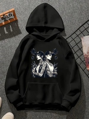 Comvicho Blackwhıtegta Baskılı Kapşonlu Siyah Sweatshirt