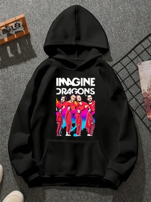 Comvicho Imagıne Dragons V1 Baskılı Kapşonlu Siyah Sweatshirt