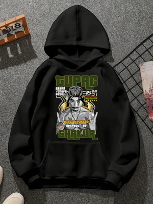 Comvicho Tupac V21 Baskılı Kapşonlu Siyah Sweatshirt