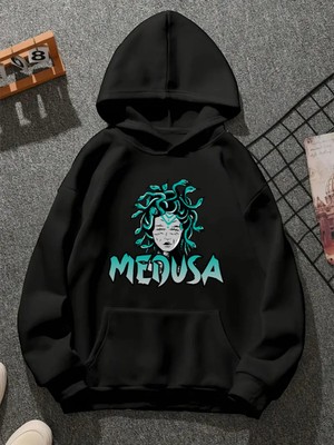 Comvicho Medusa Baskılı Kapşonlu Siyah Sweatshirt