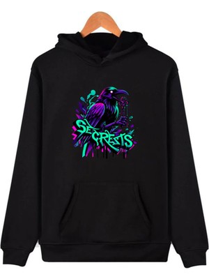 Comvicho Crow Baskılı Kapşonlu Siyah Sweatshirt