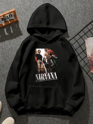 Comvicho Nırvana V3 Baskılı Kapşonlu Siyah Sweatshirt