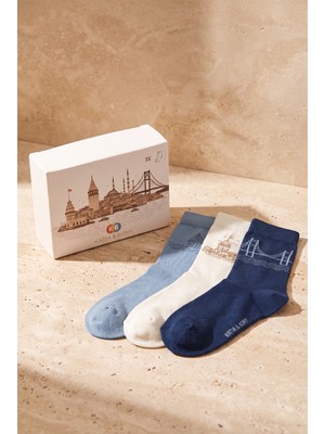 Bony Socks Unisex Istanbul Kutulu 3'lü Pamuklu Soket Çorap Çok Renkli
