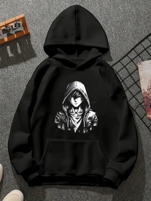 Comvicho Anımeblackwhıte Baskılı Kapşonlu Siyah Sweatshirt