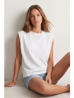elemge %100 Pamuk Süprem Tok Kumaş Kadın Oversize Beyaz T-Shirt Geniş Omuzlu Dökümlü Kolsuz Bol Kalıp Compact Penye