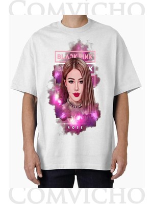 Comvicho Unisex Bp Rose Tasarım Baskılı Oversize Tişört