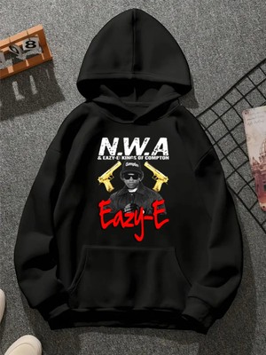 Comvicho Eazy V5 Baskılı Kapşonlu Siyah Sweatshirt
