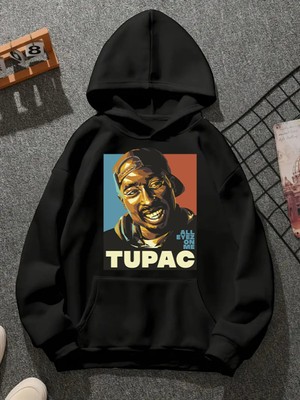 Comvicho Tupac V2 Baskılı Kapşonlu Siyah Sweatshirt