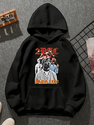 Comvicho Tupac V28 Baskılı Kapşonlu Siyah Sweatshirt