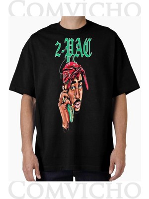 Comvicho Unisex Tupac V42 Tasarım Baskılı Oversize Tişört